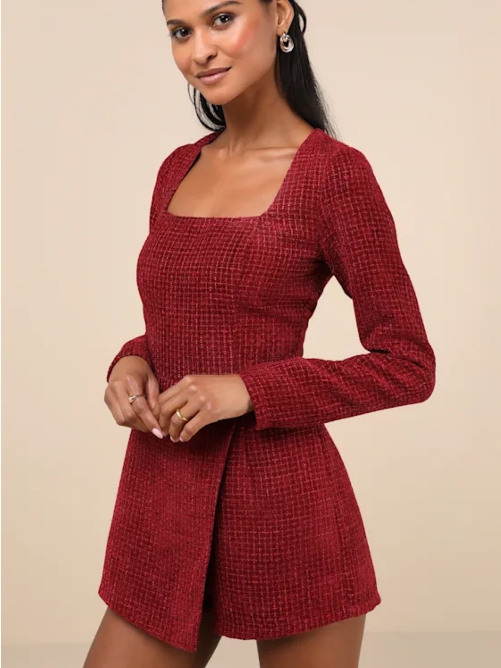 Lulus - Square Neck Long Sleeve Mini Dress in Deep Red